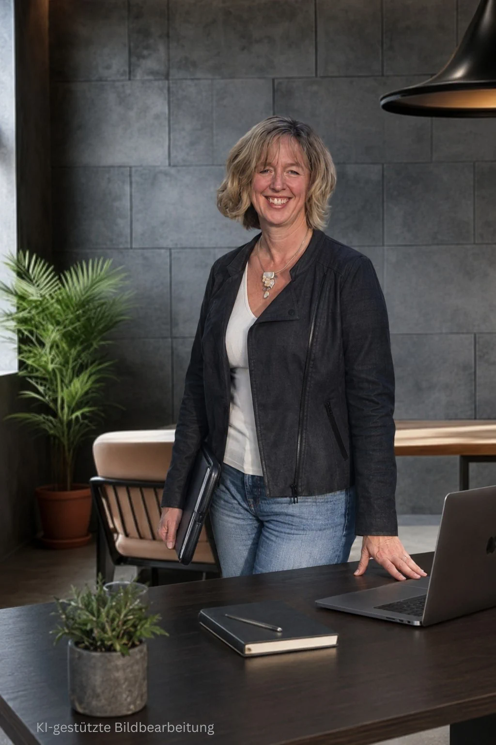 Sandra Wendt, Inhaberin von eWendt & Marketing, im Büro stehend, am Schreibtisch