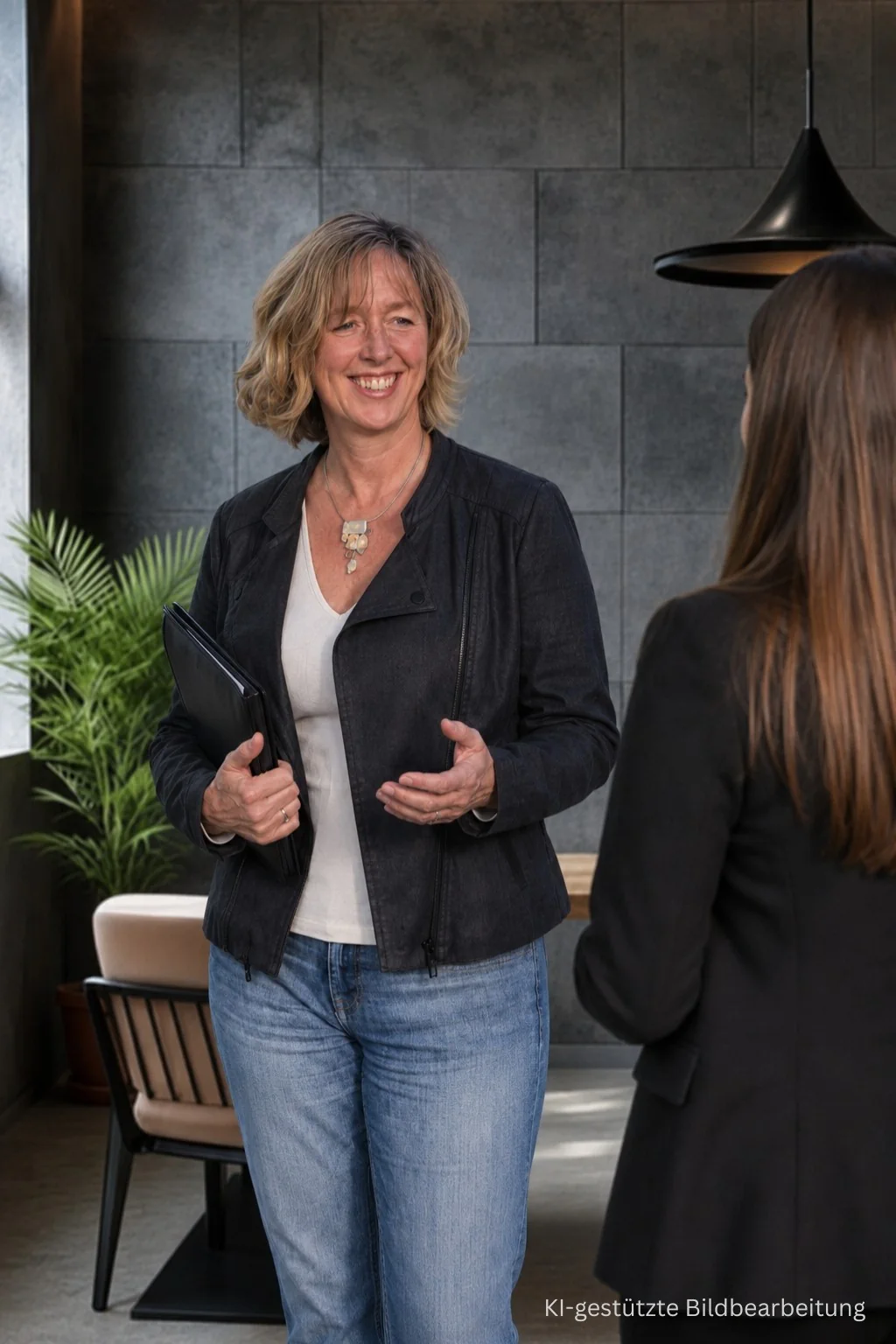 Sandra Wendt, Inhaberin von eWendt & Marketing, im Büro stehend, im Gespräch mit Kundin
