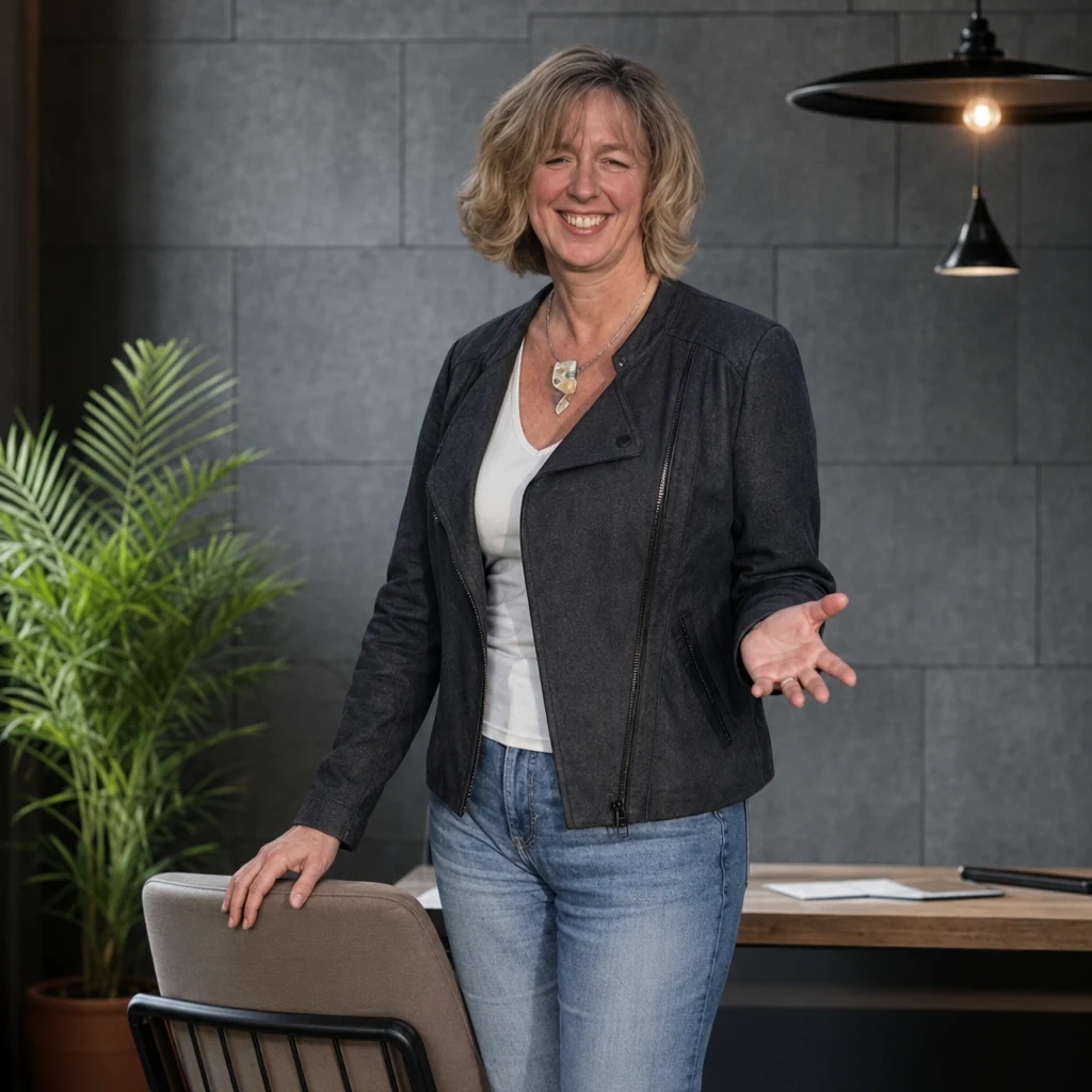 Sandra Wendt, Inhaberin von eWendt & Marketing, vor ihrem Schreibtisch stehend