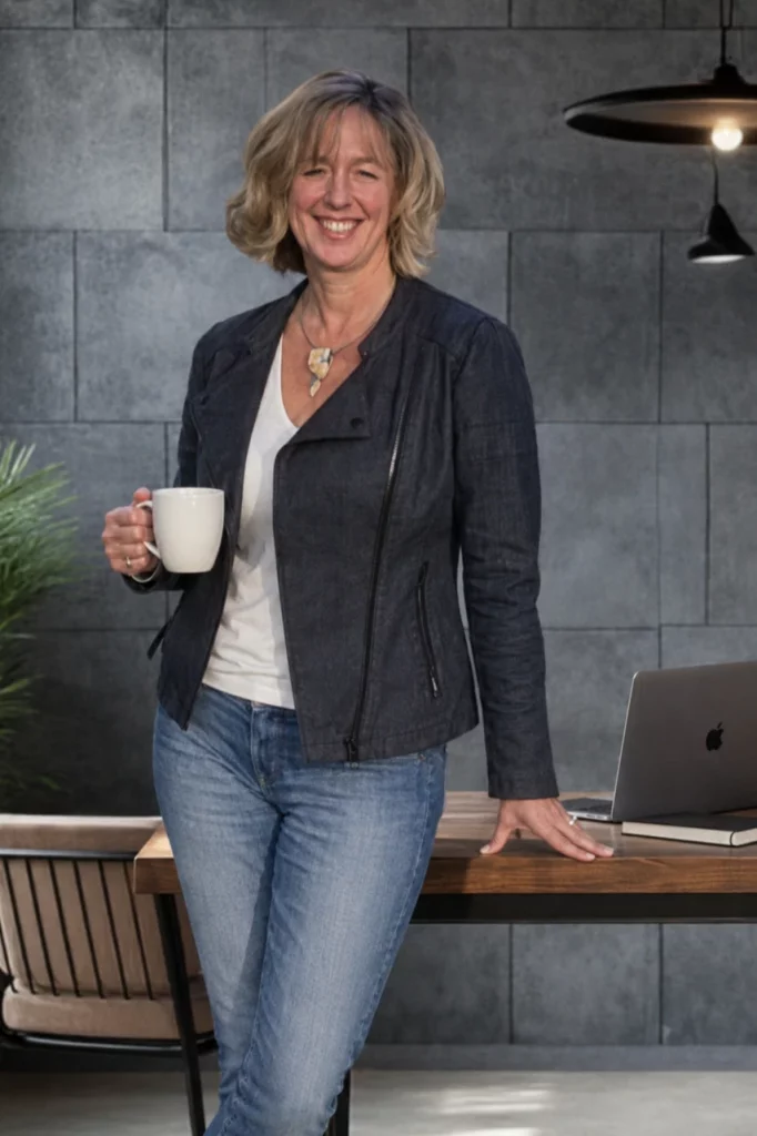 Sandra Wendt, Inhaberin von eWendt & Marketing, lässig im Büro stehend