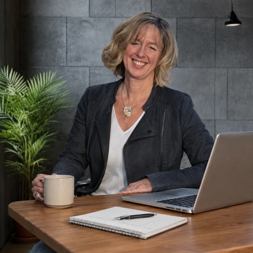 Sandra Wendt, Inhaberin von eWendt & Marketing, lächelnd am Schreibtisch